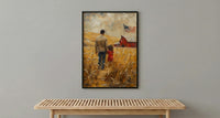 Kansas Wheat Field Poster, Father And Child Decor - Red Barn Americana Art
