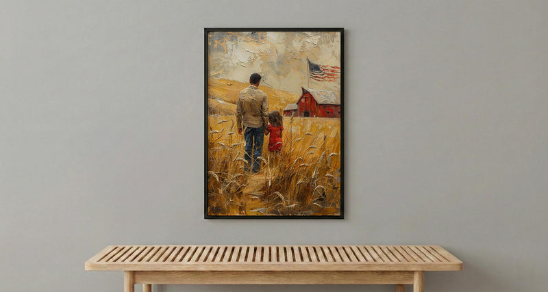 Kansas Wheat Field Poster, Father And Child Decor - Red Barn Americana Art