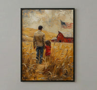 Kansas Wheat Field Poster, Father And Child Decor - Red Barn Americana Art
