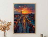 Sunset Market Poster, Rooftop View Decor - African City Landscape