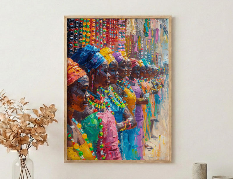 African Jewelry Wall Art, Beaded Craft Decor - Street Stall Landscape