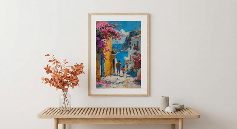 Mexican Village Art Print, Father And Son Poster - Colorful Family Decor