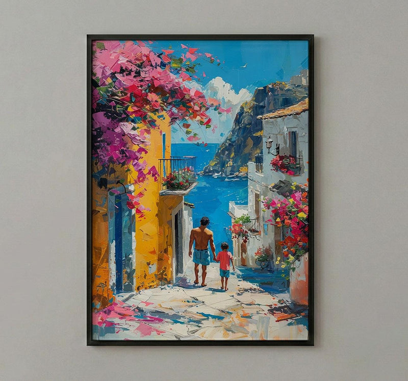 Mexican Village Art Print, Father And Son Poster - Colorful Family Decor