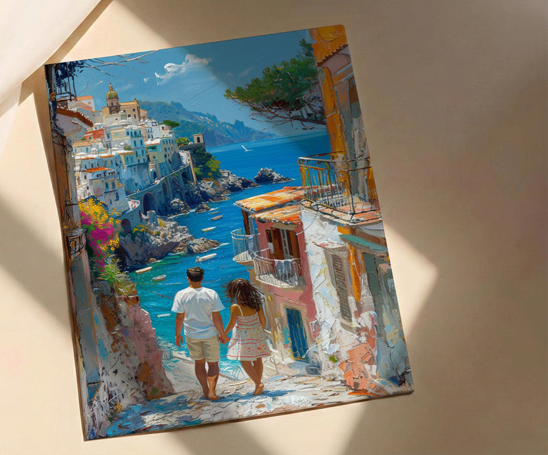 Amalfi Coast Art Print, Father And Daughter Poster - Summer Coastal Decor