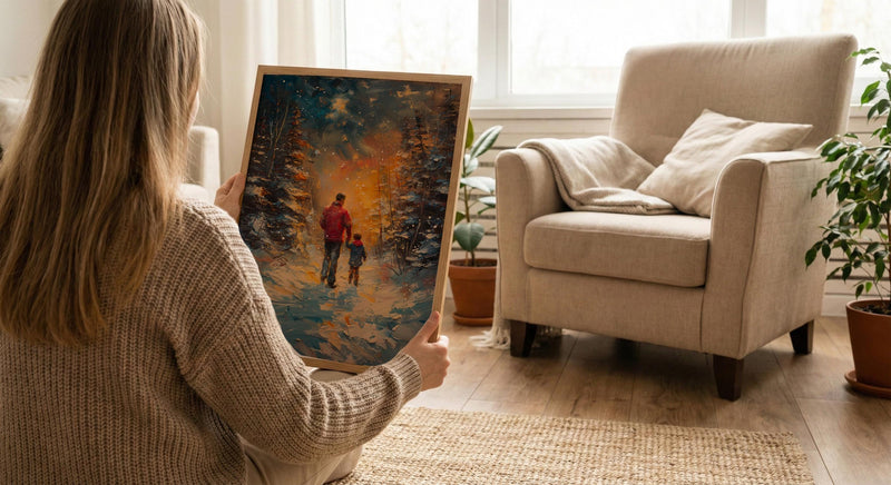 Northern Lights Art Print, Father And Son Poster - Winter Magic Decor
