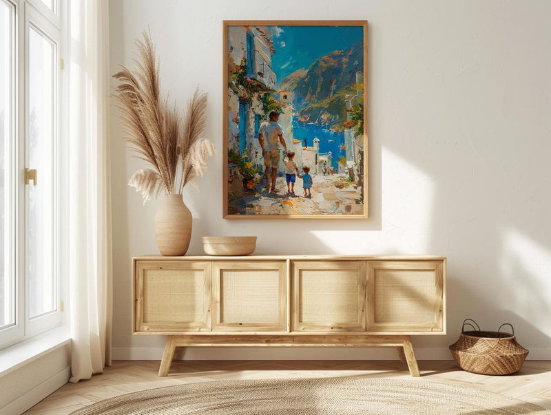Greek Island Poster, Father And Son Vintage Wall Art - Mediterranean Decor