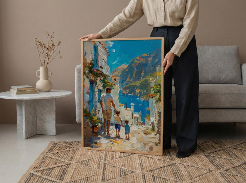 Greek Island Poster, Father And Son Vintage Wall Art - Mediterranean Decor