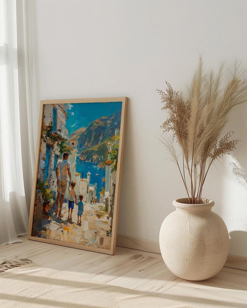 Greek Island Poster, Father And Son Vintage Wall Art - Mediterranean Decor