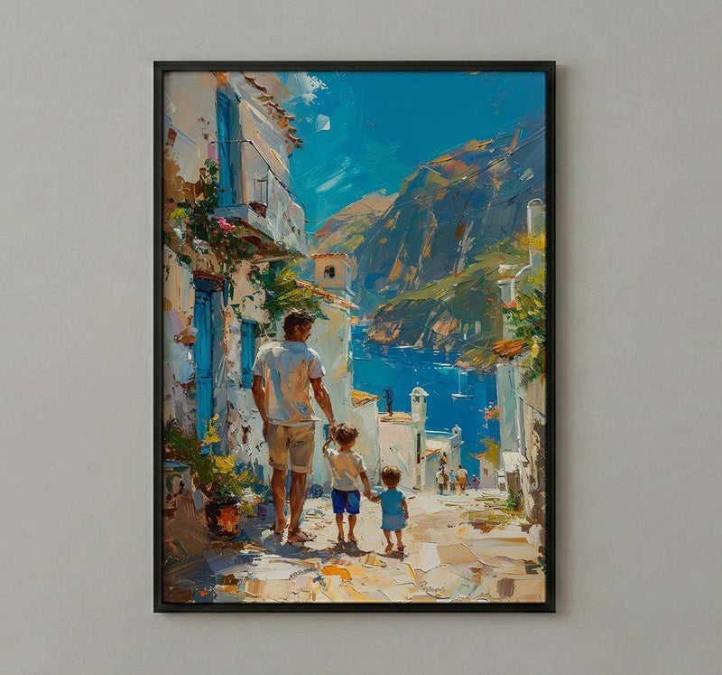 Greek Island Poster, Father And Son Vintage Wall Art - Mediterranean Decor