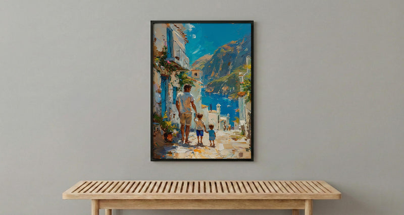 Greek Island Poster, Father And Son Vintage Wall Art - Mediterranean Decor