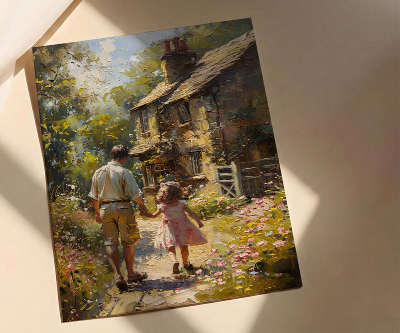 English Countryside Art Print, Father And Child Poster - Cozy Country Decor