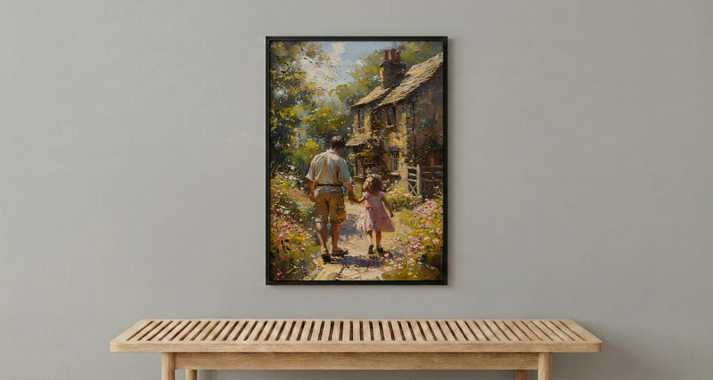 English Countryside Art Print, Father And Child Poster - Cozy Country Decor