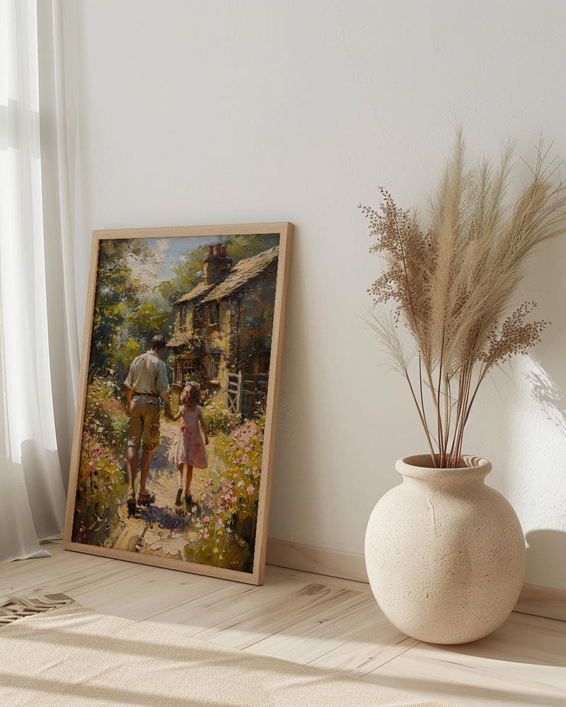 English Countryside Art Print, Father And Child Poster - Cozy Country Decor