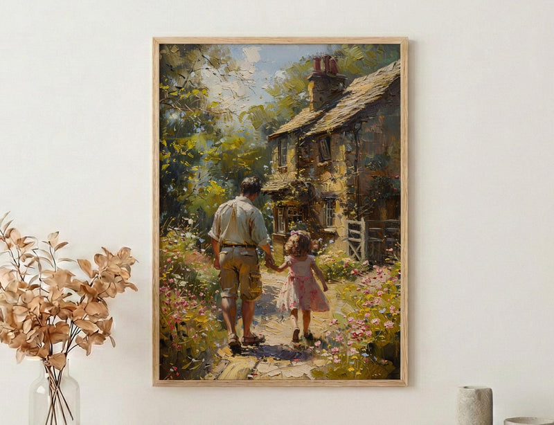 English Countryside Art Print, Father And Child Poster - Cozy Country Decor