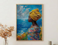 African Woman Art Print, Summer Ocean Decor - Patterned Fabric Art