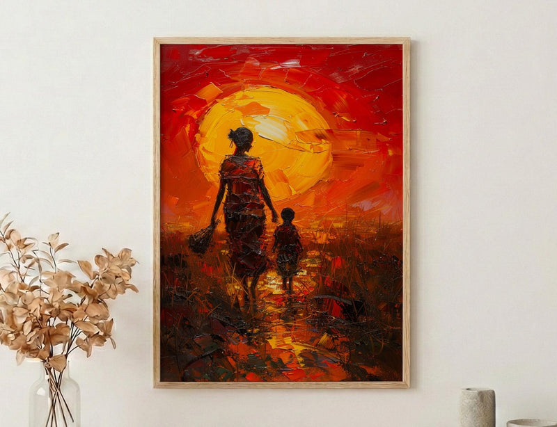 African Mother and Child Art Print, Sunset Decor - Abstract Landscape