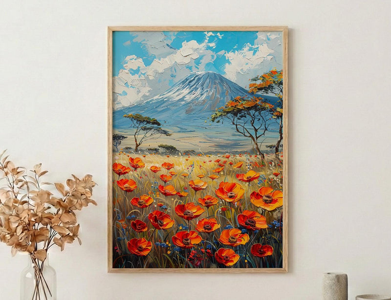 Kilimanjaro Wall Art, Blooming Savanna Decor - Majestic Mountain Print