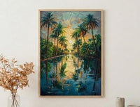 Desert Oasis Poster, Lush Palm Tree Decor - Shimmering Pool Landscape