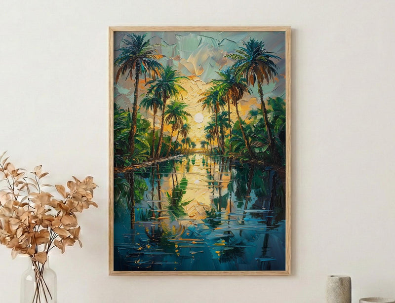 Desert Oasis Poster, Lush Palm Tree Decor - Shimmering Pool Landscape