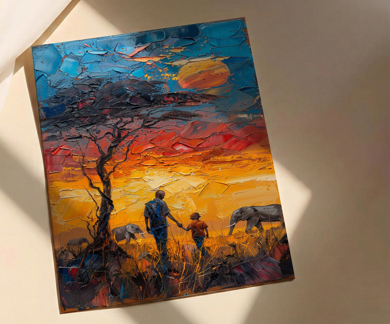Serengeti Savanna Wall Art, Father And Child Print - African Safari Decor