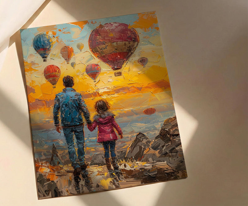 Cappadocia Poster, Father And Child Sunrise Art - Magical Travel Decor
