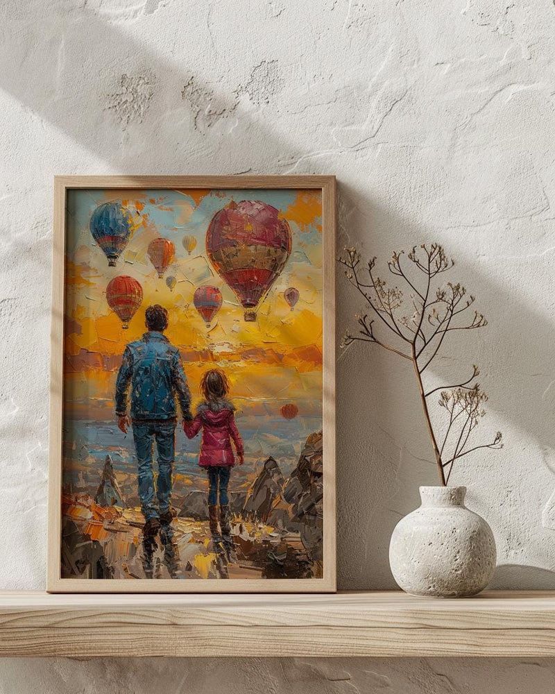 Cappadocia Poster, Father And Child Sunrise Art - Magical Travel Decor
