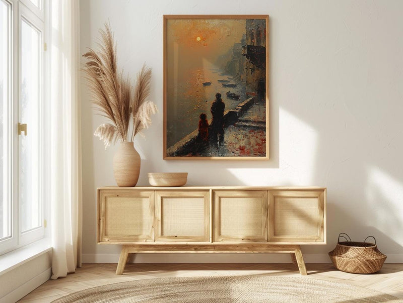 Varanasi Ghats Wall Art, Father And Child Decor - Spiritual River Print