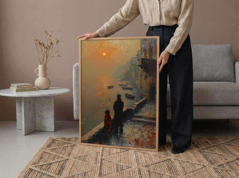 Varanasi Ghats Wall Art, Father And Child Decor - Spiritual River Print