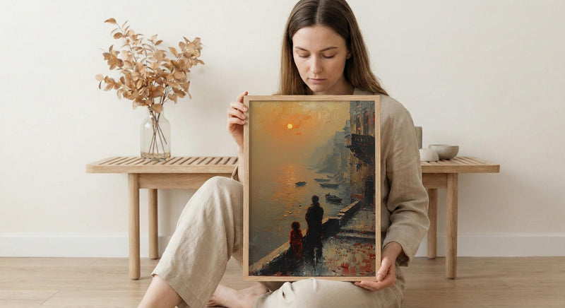 Varanasi Ghats Wall Art, Father And Child Decor - Spiritual River Print
