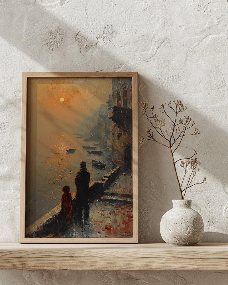 Varanasi Ghats Wall Art, Father And Child Decor - Spiritual River Print