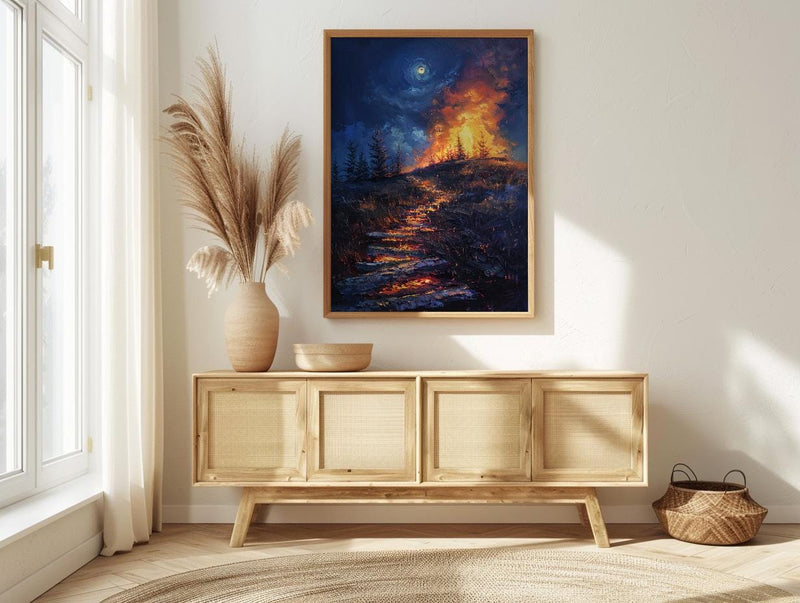 New England Night Art Print, Historic Fire Decor - Wild Americana Landscape