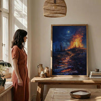 New England Night Art Print, Historic Fire Decor - Wild Americana Landscape