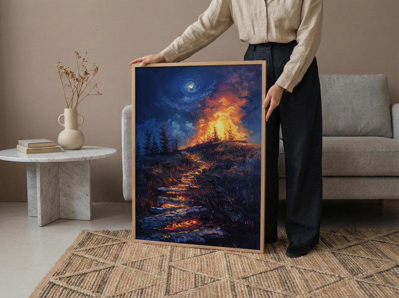 New England Night Art Print, Historic Fire Decor - Wild Americana Landscape