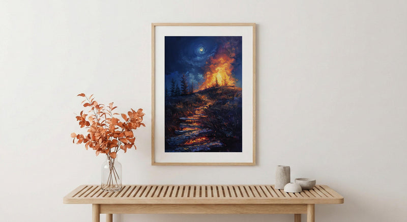 New England Night Art Print, Historic Fire Decor - Wild Americana Landscape