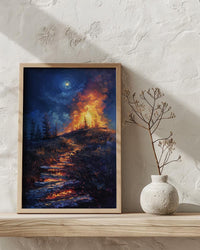 New England Night Art Print, Historic Fire Decor - Wild Americana Landscape