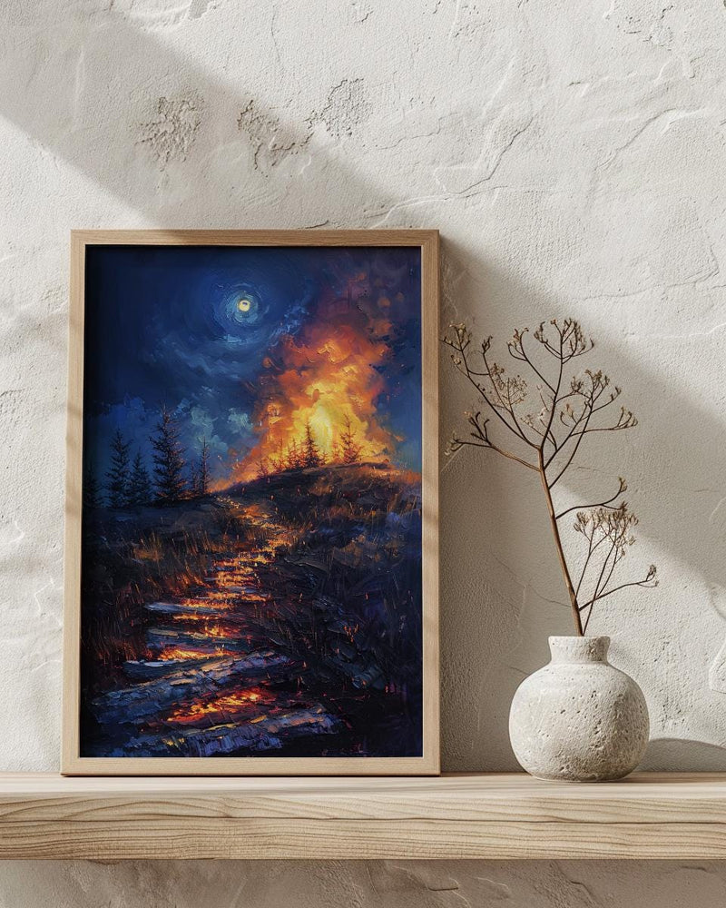 New England Night Art Print, Historic Fire Decor - Wild Americana Landscape