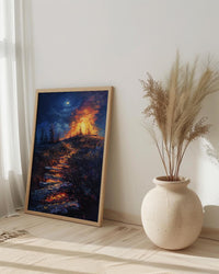New England Night Art Print, Historic Fire Decor - Wild Americana Landscape