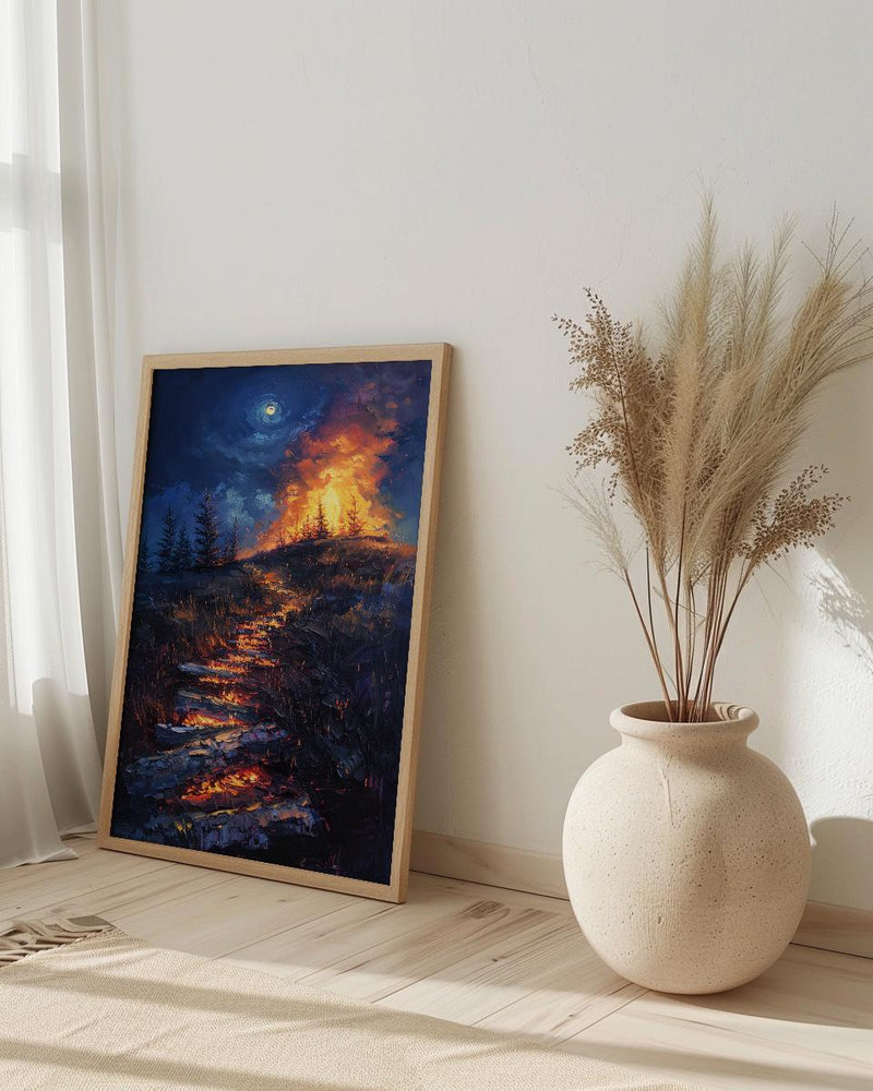 New England Night Art Print, Historic Fire Decor - Wild Americana Landscape