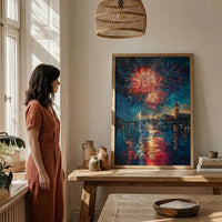 Colonial Town Fireworks Wall Art, 4th of July Decor - Independence Day Print