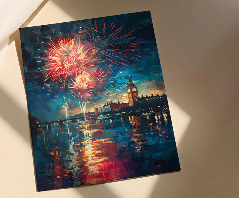 Colonial Town Fireworks Wall Art, 4th of July Decor - Independence Day Print