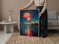 Colonial Town Fireworks Wall Art, 4th of July Decor - Independence Day Print