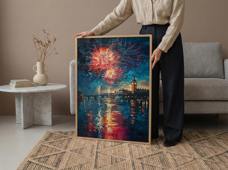 Colonial Town Fireworks Wall Art, 4th of July Decor - Independence Day Print
