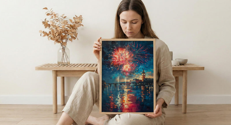Colonial Town Fireworks Wall Art, 4th of July Decor - Independence Day Print