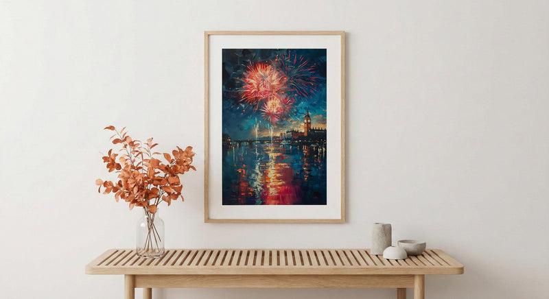 Colonial Town Fireworks Wall Art, 4th of July Decor - Independence Day Print
