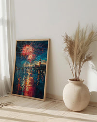 Colonial Town Fireworks Wall Art, 4th of July Decor - Independence Day Print