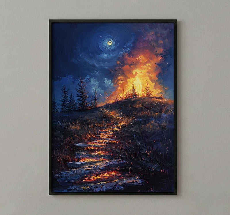 New England Night Art Print, Historic Fire Decor - Wild Americana Landscape