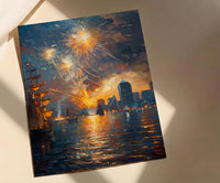 Boston Skyline Fireworks Poster, 4th of July Harbor Wall Decor - Patriotic City Art