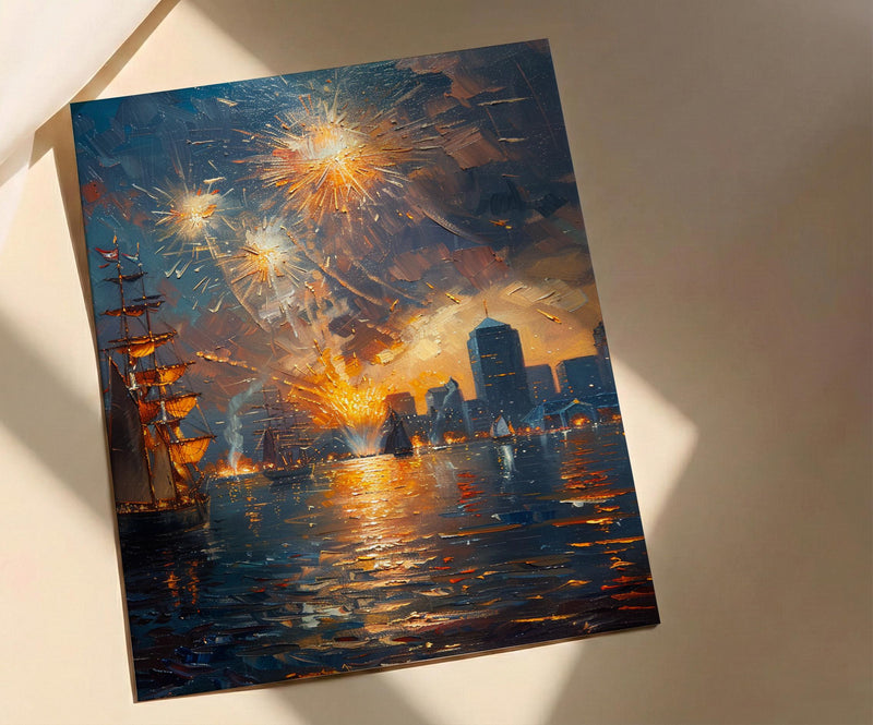 Boston Skyline Fireworks Poster, 4th of July Harbor Wall Decor - Patriotic City Art
