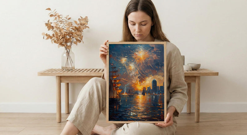 Boston Skyline Fireworks Poster, 4th of July Harbor Wall Decor - Patriotic City Art