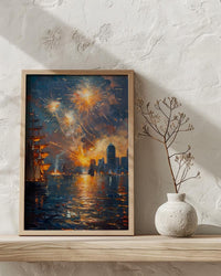 Boston Skyline Fireworks Poster, 4th of July Harbor Wall Decor - Patriotic City Art